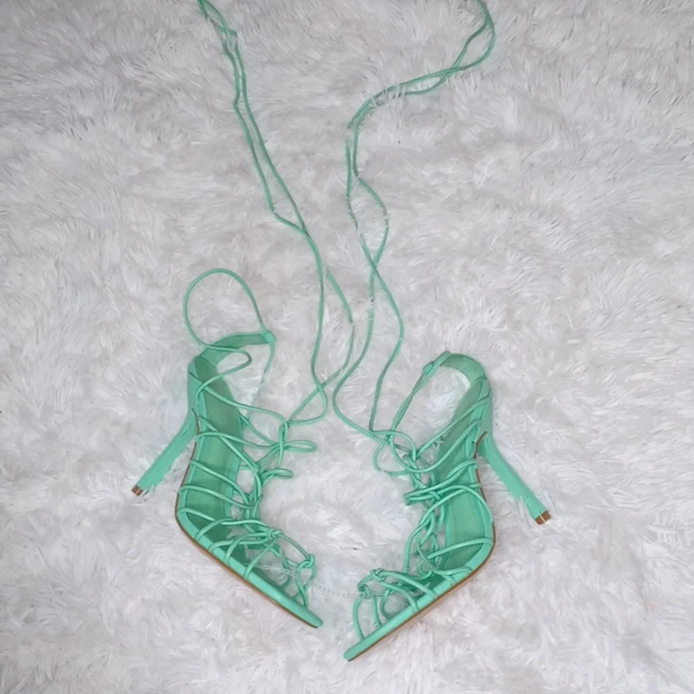 SCHUTZ Heyde Nappa Leather Heeled Strappy Lace Up Sandal Mint Green NEW Size 9.5 - Picture 6 of 10